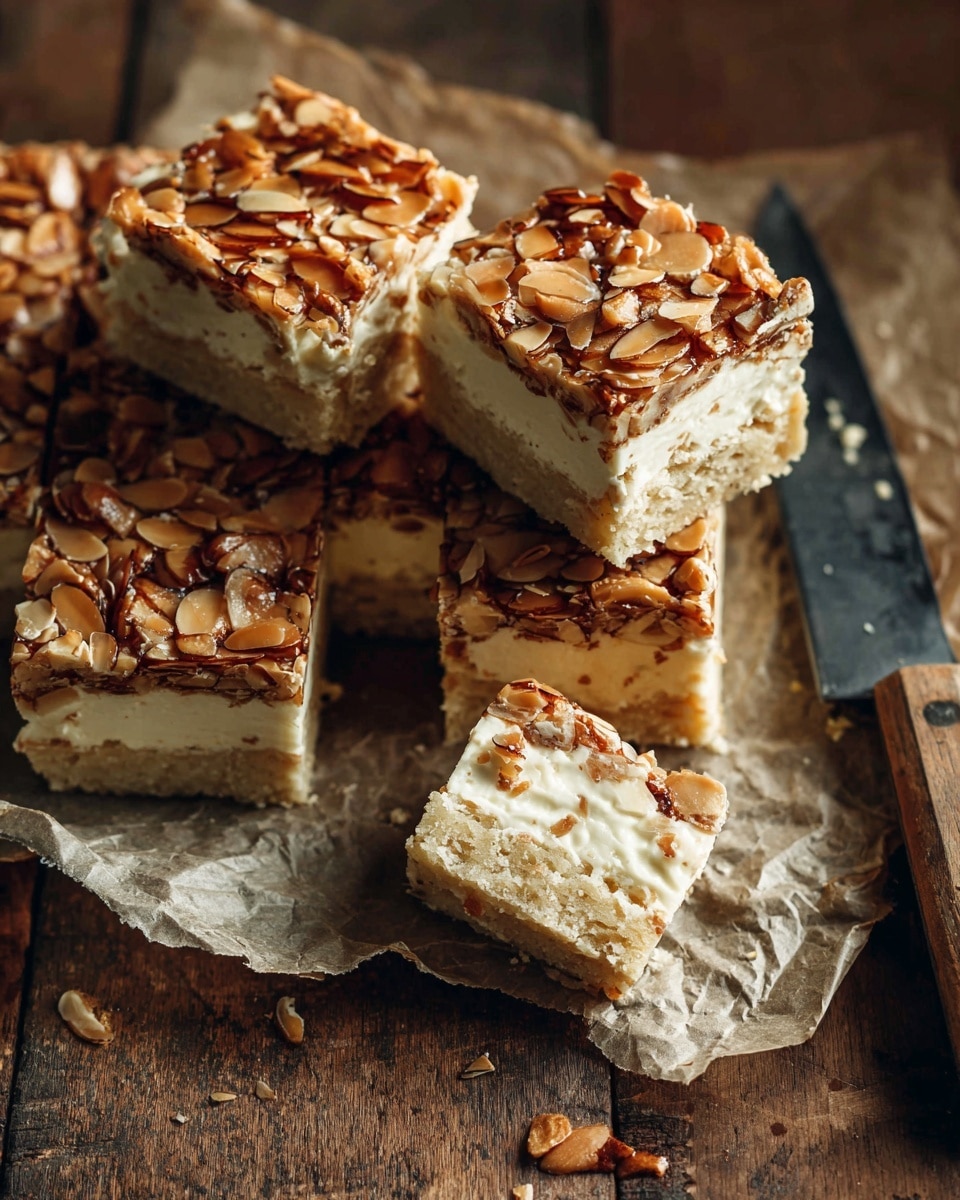 A square pastry bar is shown on a piece of brown parchment paper covered with white flour, all set on a white marbled surface. The pastry has a thick top layer of toasted almond slices that are golden brown and slightly shiny, giving a crunchy texture. The base layer peeks through a bit under the almond topping, looking soft and light beige in color. Some honey is visible on the right side with a wooden honey dipper resting nearby. The whole scene looks warm and rustic. photo taken with an iphone --ar 4:5 --v 7