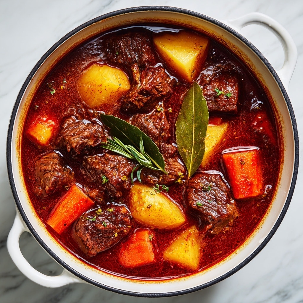 A close-up image of a white round pot filled with a rich stew showing three main visible layers: large dark brown beef chunks with a rough texture scattered throughout, bright orange carrot pieces cut into irregular shapes evenly distributed, and glossy light yellow potato chunks. The stew has a thick, deep red sauce with a shiny surface that surrounds all the ingredients. A single bay leaf sits on top near the center. The pot rests on a white marbled surface. photo taken with an iphone --ar 4:5 --v 7