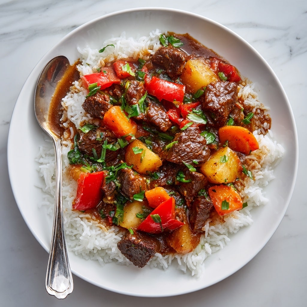 A white plate holds a layer of fluffy white rice as the base, topped with a colorful mix of tender beef chunks that are dark brown and slightly crispy on the edges, with soft orange carrot pieces, golden yellow potato chunks, and bright red bell pepper strips. The ingredients are coated with a thick, rich brown sauce that glistens under the light. A silver spoon rests on the edge of the plate, partially submerged in the mix. The background is a white marbled texture. Photo taken with an iphone --ar 4:5 --v 7