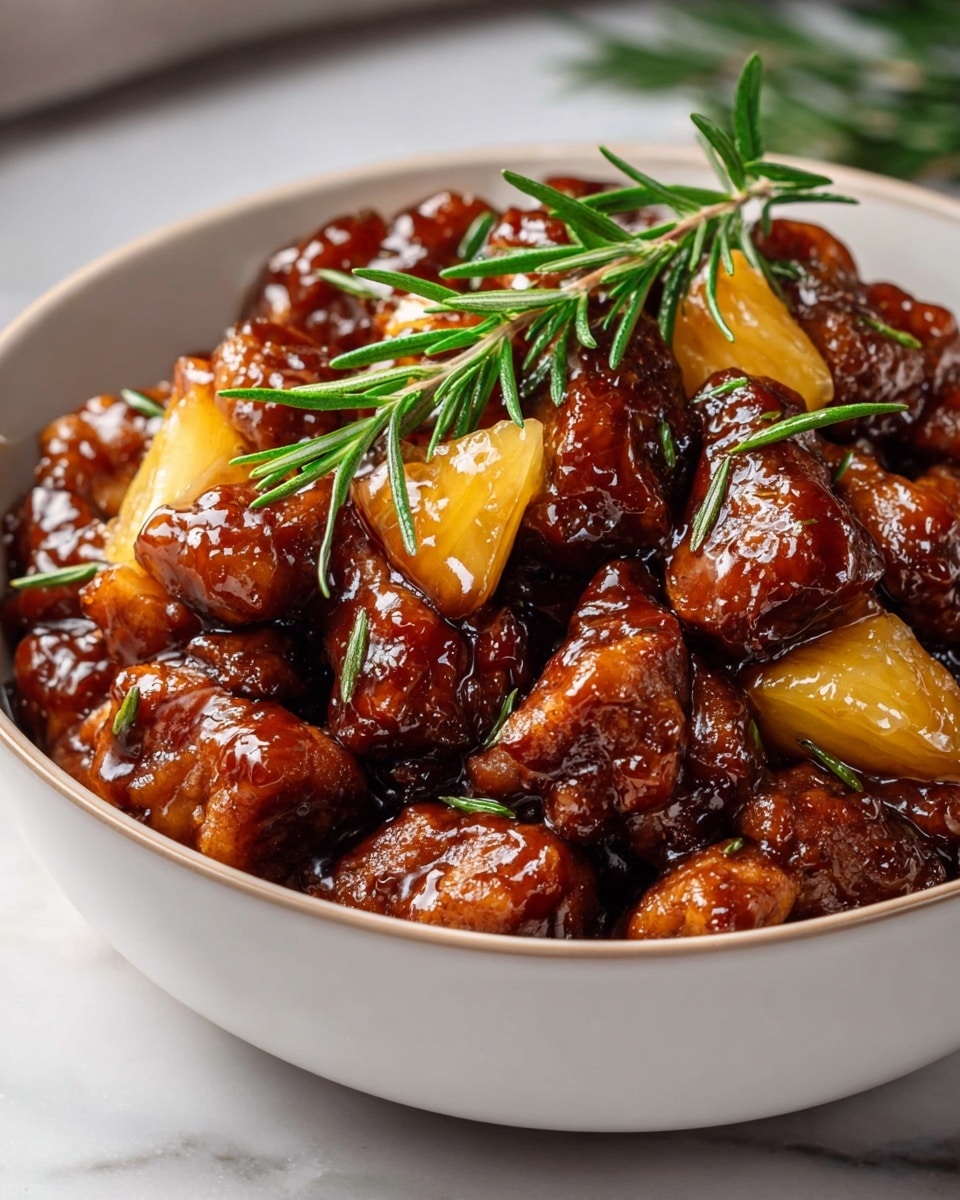 A close-up view of a black pan filled with glossy, golden-brown chicken pieces coated in a thick, sticky sauce, bubbling slightly in the heat. Among the chicken chunks are bright yellow pineapple wedges, adding contrast with their juicy texture. The sauce has a rich, caramelized color with visible specks of seasoning, creating a shiny, appetizing glaze over the chicken and pineapple. Steam rises gently from the sizzling dish, highlighting the hot cooking process. The black pan rim frames the food, all set against a white marbled texture. photo taken with an iphone --ar 4:5 --v 7