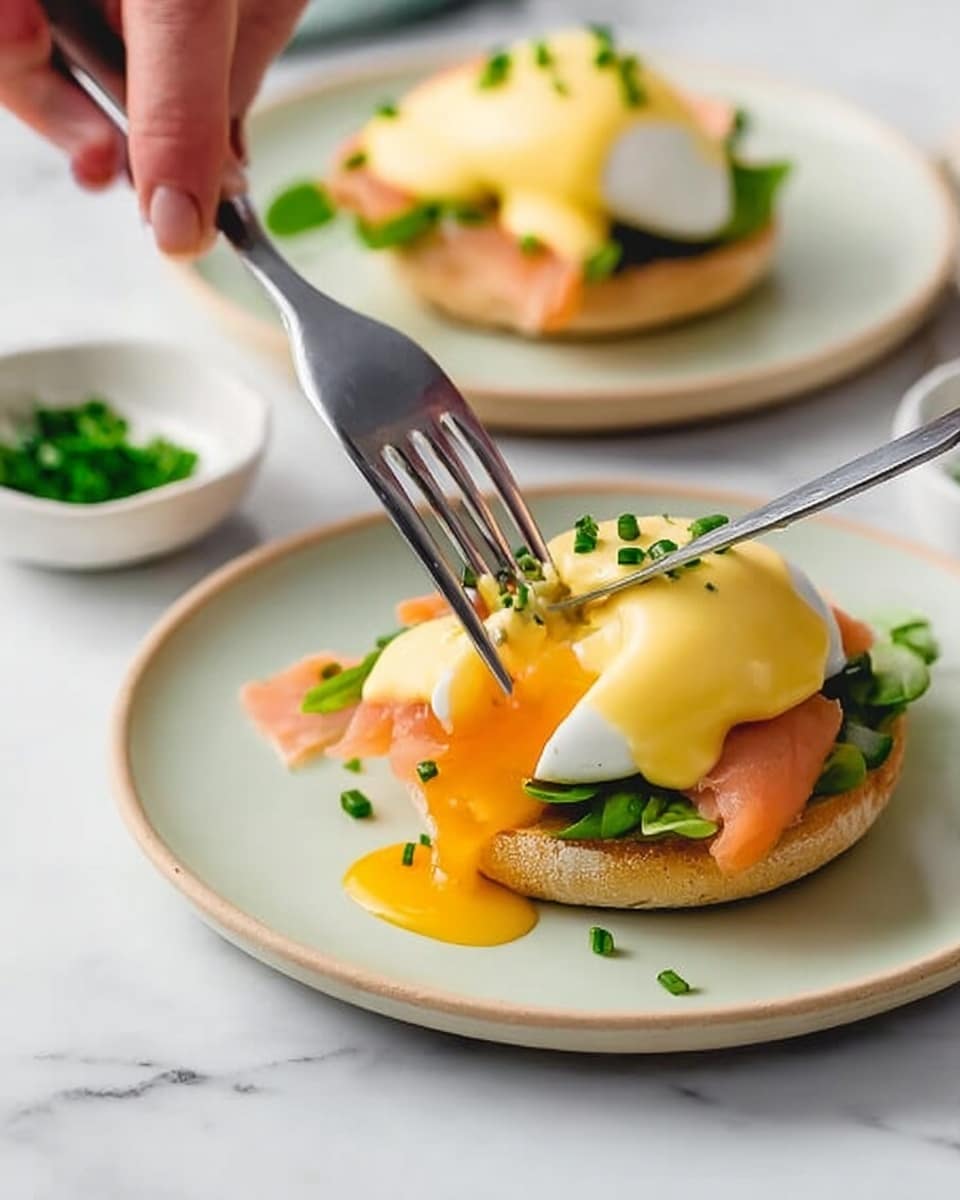 A white plate holds a stack of two main layers: the bottom layer is a toasted English muffin, golden brown with a slightly crisp texture, topped in the middle with a bed of dark green leafy greens. Above the greens lies a thin, folded layer of pink smoked salmon, soft and slightly translucent. On top of the salmon is a perfectly poached egg, smooth and white, covered generously with light yellow hollandaise sauce that drips slightly over the sides. Small green chopped chives are sprinkled on the sauce and around the plate, adding fresh color. The whole dish is presented on a white marbled surface. photo taken with an iphone --ar 4:5 --v 7