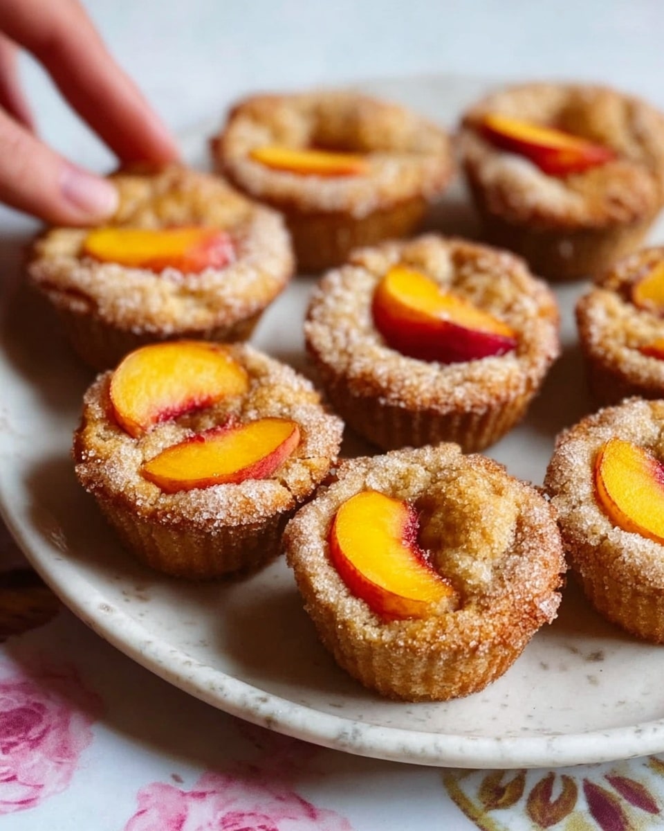 The image shows a wooden tray filled with nine peach muffins in white paper liners. Each muffin has a golden-brown crumbly top layer with a rough texture. On top, there are bright, fresh peach slices with a mix of orange and red hues, placed artfully on the center of each muffin. In the background, there is a blurred view of peaches on a white marbled surface, adding a fresh and inviting feel to the scene. The lighting highlights the warm colors and moist texture of the muffins. photo taken with an iphone --ar 4:5 --v 7