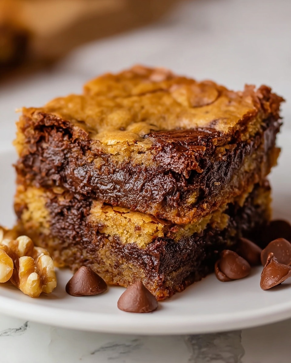 A close-up of a single square piece of brookie on a white plate, showing two main layers: the top and bottom layers are golden brown with a crumbly cookie texture, and the middle layer is rich dark brown with gooey melted chocolate, giving a moist and dense look. The top surface is slightly cracked with some visible darker brown spots from melted chocolate, while the edges reveal the mixed layers. In front of the plate are a few chocolate chips and pieces of walnut, adding texture contrast. The plate sits on a white marbled surface. photo taken with an iphone --ar 4:5 --v 7