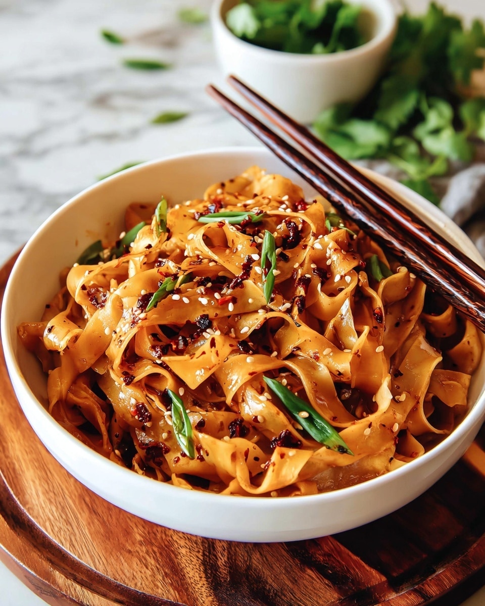 A bowl filled with wide, flat noodles covered in a shiny red chili oil sauce with small chili flakes scattered on the glossy surface. The noodles are lifted by a pair of wooden chopsticks held by a woman's hand, showing the sauce glistening and clinging to each strip. The noodles appear soft and slightly curled, with a vibrant red-orange color, and the bowl is white, sitting on a white marbled surface. photo taken with an iphone --ar 4:5 --v 7