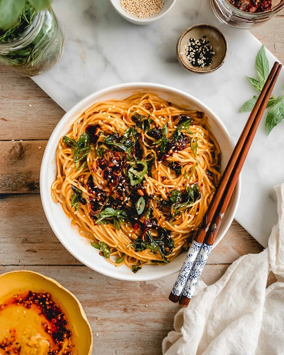 A white bowl filled with long, thin noodles layered in a light orange sauce, mixed with dark green leafy herbs and thinly sliced green vegetables. On top, there are small dark brown chili flakes and black sesame seeds, scattered evenly. Two brown chopsticks with white and dark blue patterned grips rest on the edge of the bowl. Surrounding the bowl on a white marbled surface are a yellow plate with reddish-brown sauce and spices, a small glass jar of green herbs, a small bowl with black and white sesame seeds, and a white cloth. photo taken with an iphone --ar 4:5 --v 7