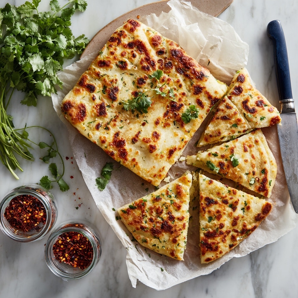 The image shows a round plate with eight triangular pieces of flatbread, each piece golden with well-toasted brown spots and a slightly crispy texture. The flatbread pieces are stacked loosely, showing multiple thin layers inside with green herb flecks. A few fresh green herbs are scattered on top and around the plate for garnish. In the background, there is a small white bowl filled with creamy white yogurt topped with a sprinkle of spices and a green herb leaf, placed on a soft red cloth. To the left side, a glass jar filled with red chili flakes stands on a white marbled surface, which forms the base and background of the scene. The whole picture is bright and clean, focusing sharply on the flatbread. Photo taken with an iphone --ar 4:5 --v 7