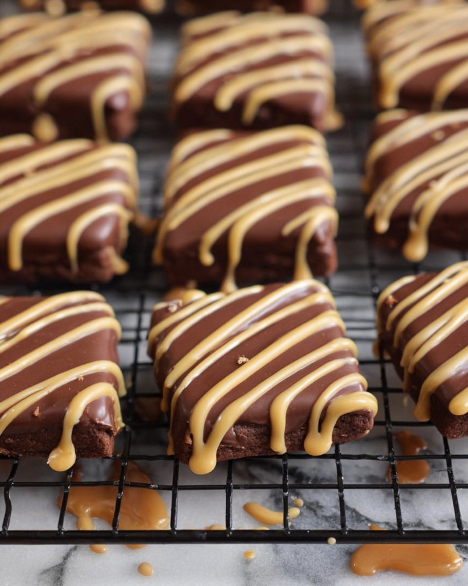 A stack of four rectangular chocolate bars is shown on a white marbled surface. The bottom two bars are fully coated in dark chocolate with smooth textures and topped with wavy lines of light brown peanut butter drizzle. On top of these bars, two halves of a sliced chocolate bar are stacked. Each half shows three layers inside: a thin layer of crunchy biscuit with a light golden color on top and bottom, and a thick, creamy peanut butter layer in the middle with a smooth texture, all covered by a thin dark chocolate coating on the outside edges. The background is soft and white, giving focus to the rich colors and textures of the bars. Photo taken with an iphone --ar 4:5 --v 7