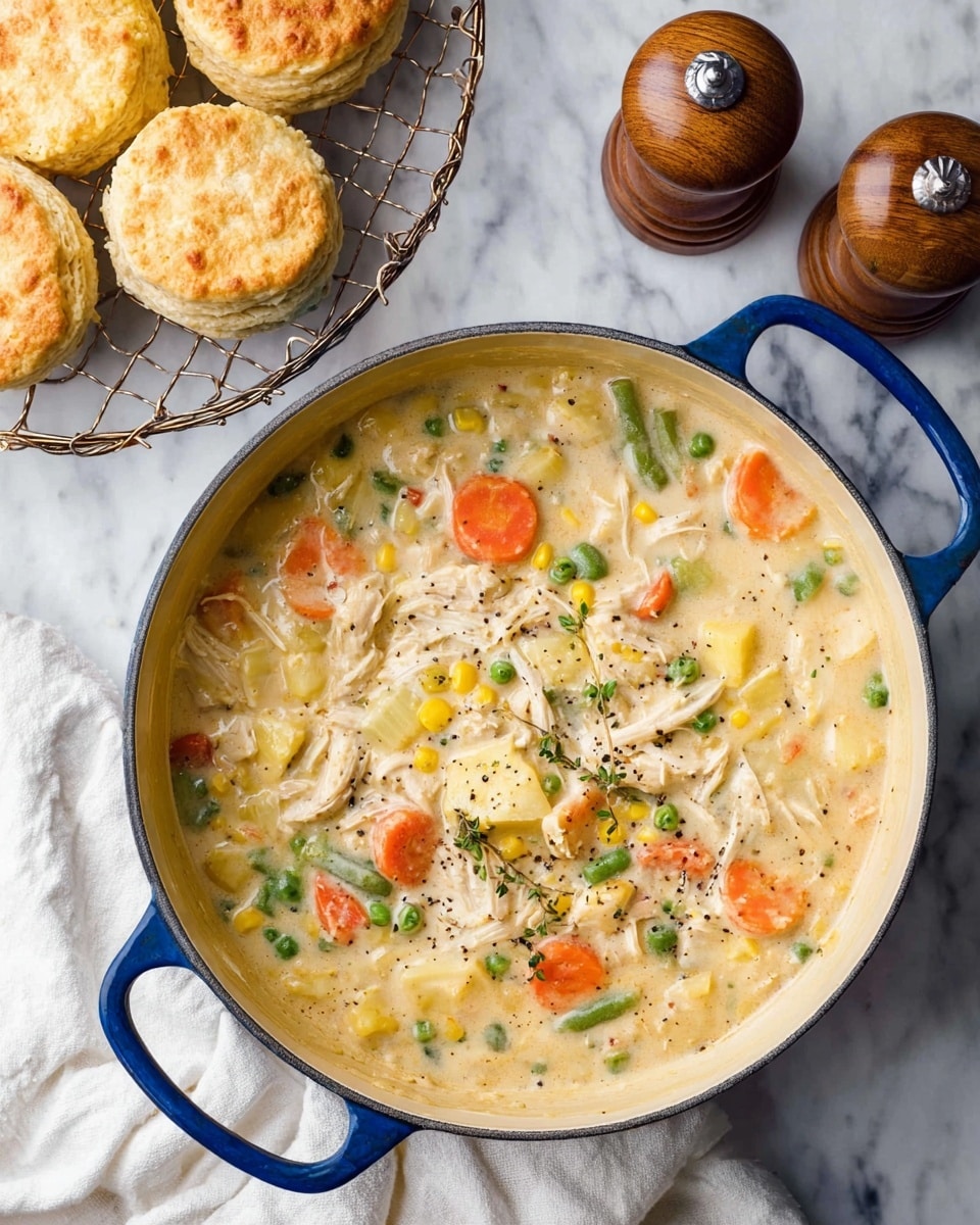 A white bowl filled with creamy chicken soup layered with chunks of white shredded chicken, bright orange carrot pieces, green peas, and light green celery bits, all mixed in a thick creamy broth with visible specks of black pepper and small green parsley leaves scattered on top. A silver spoon is partially dipped into the soup from the right side of the bowl. The bowl is placed on a soft grey cloth on a white marbled surface, with some golden round crackers and parsley leaves nearby. In the background, there are two more white bowls filled with the same soup, slightly out of focus. Photo taken with an iphone --ar 4:5 --v 7