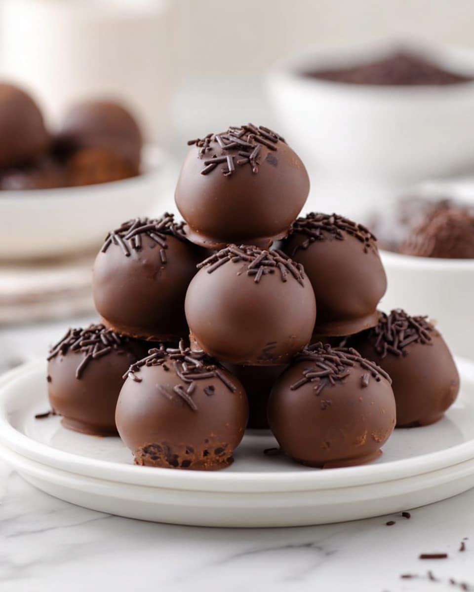 A white plate stacked with ten smooth, shiny chocolate truffles arranged in a pyramid shape, each truffle covered in dark chocolate and topped with a few thin chocolate sprinkles. The truffles are round with slight irregularities in texture under the glossy coating. In the background, blurred white bowls hold more chocolate truffles and sprinkles, all set on a white marbled surface. Photo taken with an iphone --ar 4:5 --v 7