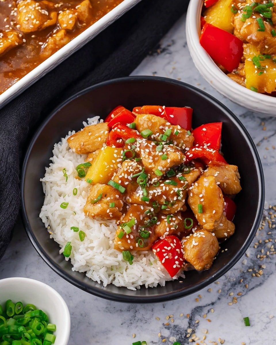A close-up view of a black bowl filled with three layers: the bottom layer is white rice with soft, fluffy grains, the middle layer is a mix of bright red bell pepper pieces and yellow pineapple chunks, and the top layer consists of small, tender chicken pieces coated in a glossy brown sauce, all sprinkled with white sesame seeds and chopped green onions. To the side, there is a white dish containing more chicken and vegetables in the same sauce, and a small white bowl with extra chopped green onions. Everything is set on a white marbled texture surface, with some sesame seeds and green onion pieces scattered around. photo taken with an iphone --ar 4:5 --v 7