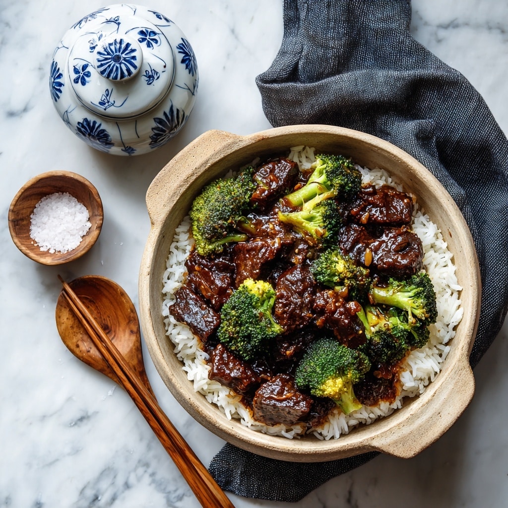 A close-up view of a black pan filled with stir-fried beef and broccoli. The dish has many pieces of thinly sliced brown beef, cooked with a glossy, rich dark brown sauce. Bright green broccoli florets are scattered evenly throughout, providing a fresh contrast in color. The sauce glistens, coating both the beef and broccoli, and small bits of garlic or ginger are visible, adding texture. The background is a white marbled surface. photo taken with an iphone --ar 4:5 --v 7