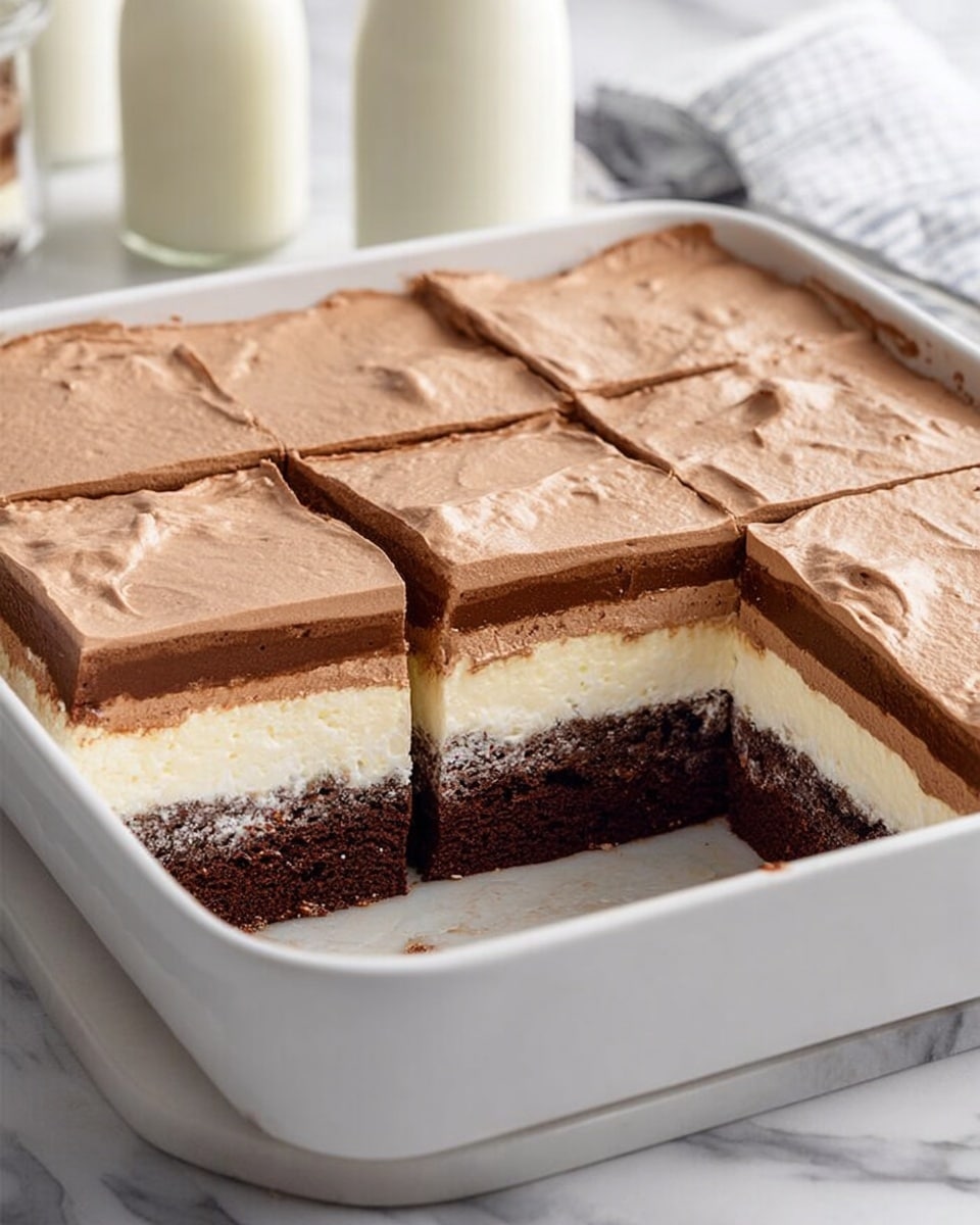 A white ceramic baking dish holds a layered dessert with three clear layers: a bottom layer of creamy white cheesecake with a smooth texture, a middle layer of dark brown chocolate cake that looks moist, and a thick top layer of light brown whipped mousse with a slightly wrinkled surface. The dessert is cut into neat square pieces, with one square missing from the corner, showing all layers clearly. The dish sits on a white marbled surface with two bottles of milk blurred in the background. Photo taken with an iphone --ar 4:5 --v 7