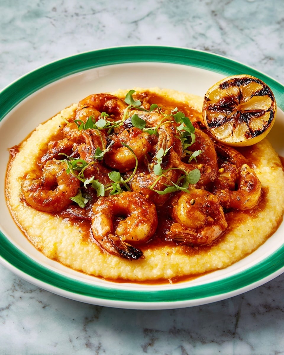 The dish shows a white round plate with a green rim holding a creamy yellow layer of grits spread flat at the bottom. On top of this are many orange-brown shrimp covered in a glossy, spicy reddish sauce, arranged in a loose pile in the center. Small fresh green herb leaves are scattered over the shrimp for garnish. On the right side of the plate, there is one half of a grilled lemon, showing char marks and a golden-brown color. The plate is set on a white marbled surface. photo taken with an iphone --ar 4:5 --v 7