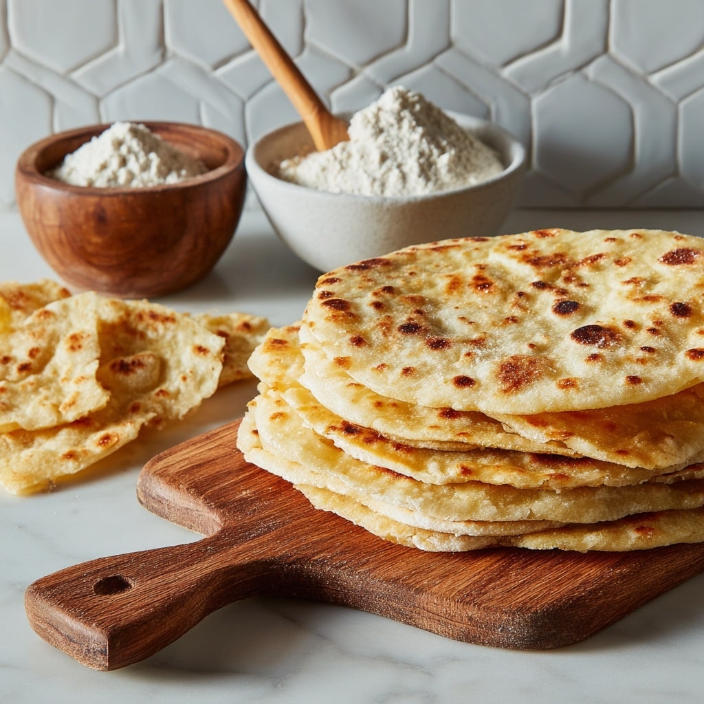 A white bowl filled with bright orange creamy curry with large chunks of chicken, garnished with small green cilantro leaves scattered on top. A piece of round naan bread is partially dipped into the curry on the side of the bowl, showing a toasted light brown and white texture. The bowl is placed on a round wooden board, and the background features a white marbled surface with a soft white cloth and some folded naan bread in the distance. photo taken with an iphone --ar 4:5 --v 7