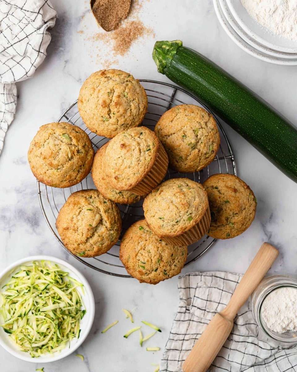 A close-up view of a pile of nine golden-brown muffins with cracked tops showing a soft, moist texture, some flecks of green visible inside hinting at zucchini, arranged on a silver wire cooling rack placed on a white marbled surface. To the right is a whole green zucchini lying diagonally on a piece of paper, and scattered around are small bits of shredded zucchini. Toward the bottom left is a small white bowl filled with freshly shredded zucchini, next to it a wooden spoon with brown sugar and a glass jar with white flour and a wooden scoop inside. Part of a white plate stack is visible near the top right corner, and a checkered cloth is partially seen in the bottom left corner. photo taken with an iphone --ar 4:5 --v 7