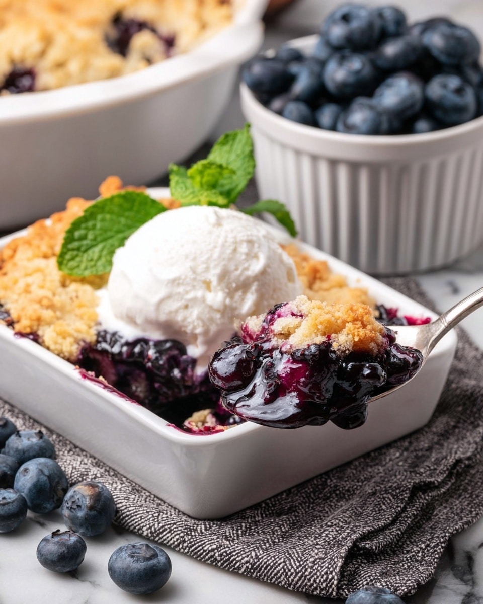A white round ceramic dish filled with a warm mixed berry cobbler that has a deep purple, glossy fruit filling visible through golden brown, crumbly biscuit topping pieces unevenly spread across the top. On top of the cobbler is a generous scoop of smooth, creamy white vanilla ice cream slightly melting and dripping on the fruit and biscuit crust. In the background, there is a small metal bowl filled with fresh blueberries and a sprig of green mint sitting on a white marbled texture. photo taken with an iphone --ar 4:5 --v 7