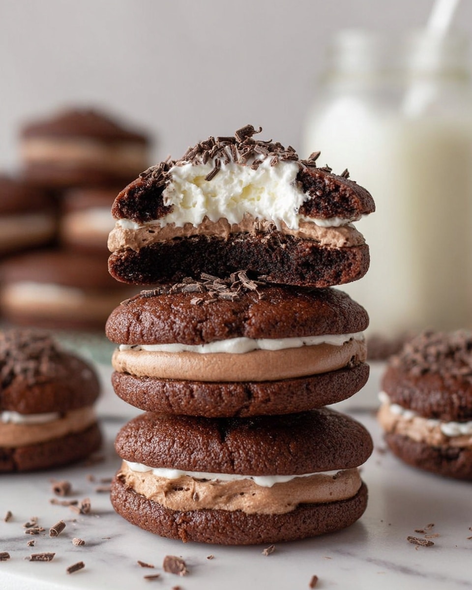 The image shows a white plate with a thin dark rim filled with nine round chocolate cookies. Each cookie has three layers: the bottom is a rough, cracked dark brown cookie base; the middle is a smooth, glossy lighter brown chocolate filling; the top is a swirl of white cream with slightly pointed peaks, decorated with small dark brown chocolate shavings. The plate sits on a white marbled surface with scattered dark chocolate shavings and chocolate pieces nearby. In the background, there is a light soft orange and white striped cloth and a white container. photo taken with an iphone --ar 4:5 --v 7