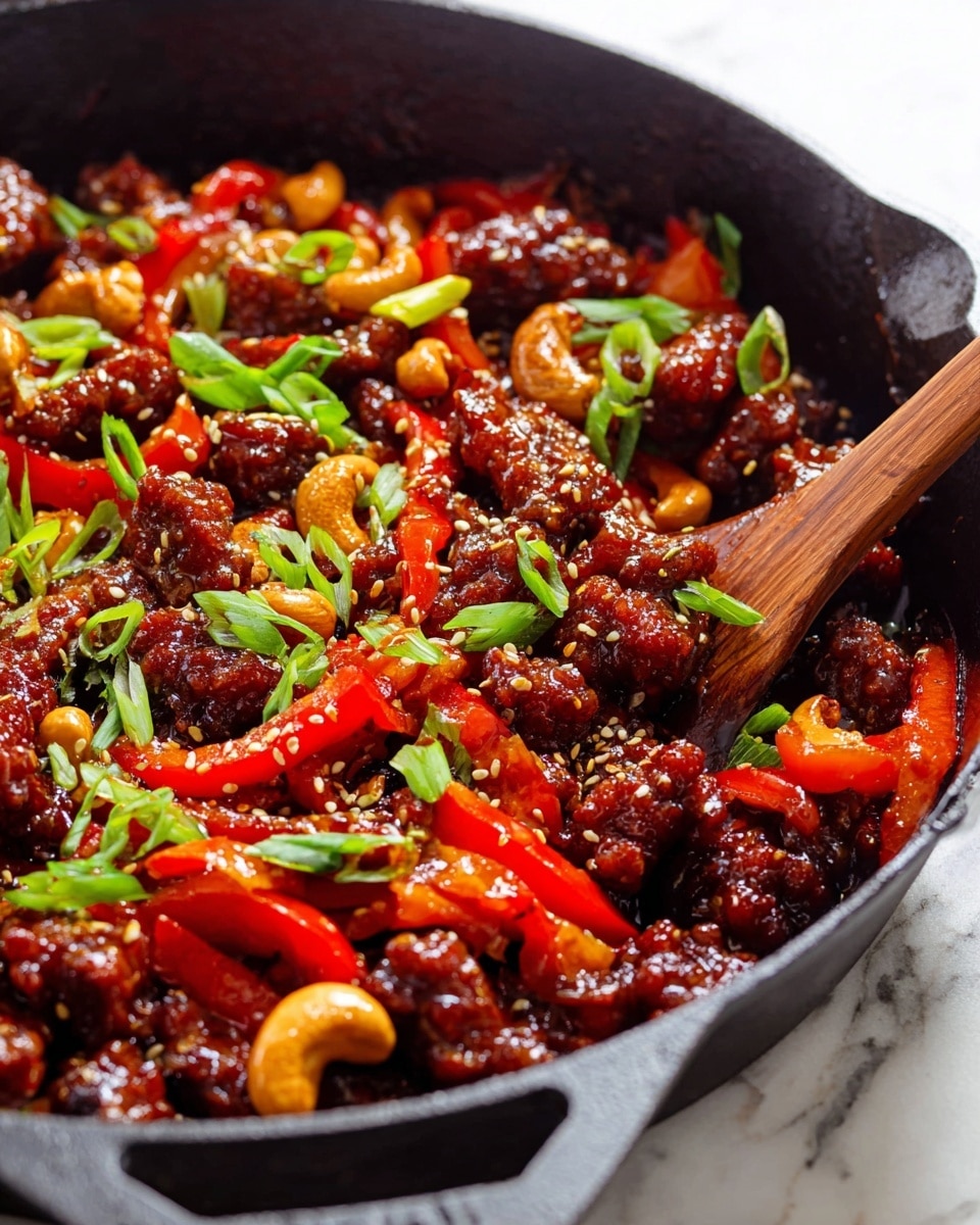 A white bowl filled with a base layer of fluffy white rice, topped with a rich, glossy dark brown stir-fried mixture containing strips of browned meat, vibrant red bell pepper slices, and golden cashew nuts. Bright green chopped scallions are sprinkled over the top for color contrast, and light wooden chopsticks rest diagonally on the bowl. The bowl sits on a surface with a white marbled texture. Photo taken with an iphone --ar 4:5 --v 7