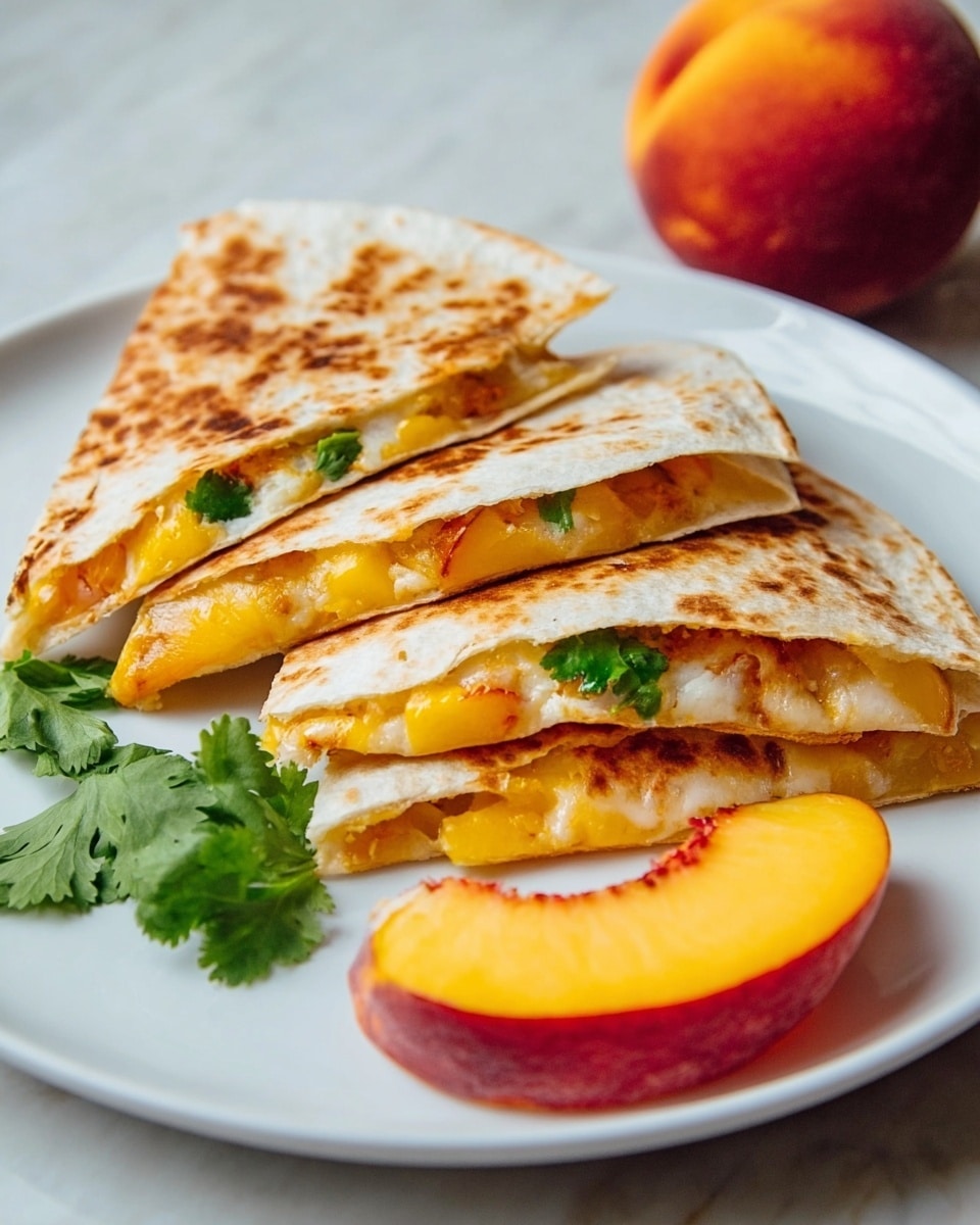 The image shows three triangular pieces of a quesadilla placed on a light wooden board. Each piece has a golden brown, slightly crispy outer layer with melted cheese and cooked chicken visible oozing from between the folded layers of soft, warm tortilla. Behind the quesadilla slices, there are two whole peaches and one peach wedge, all with a smooth, fuzzy skin of orange and red hues. A large kitchen knife with a black handle lies on the board near the peach wedge. The setting is neat with a simple, clean look. Photo taken with an iphone --ar 4:5 --v 7