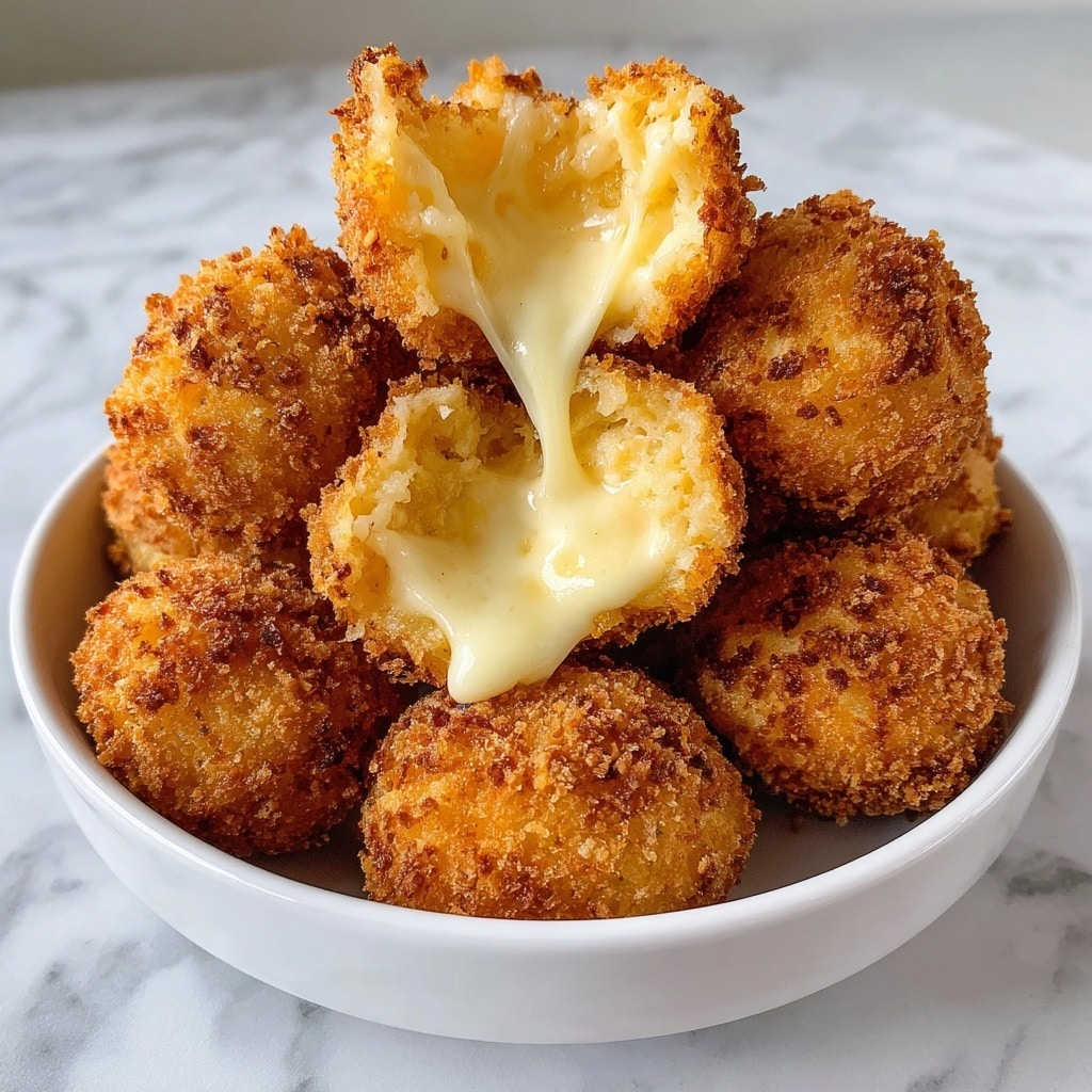 A pile of golden brown, crispy cheese bites is stacked on a white plate, each piece coated in a crunchy, coarse breadcrumb layer with hints of green herbs sprinkled on top. One cheese bite in the center is pulled apart, showing gooey, stretchy white melted cheese inside. The cheese bites have a rough texture with small crispy bits, and the plate sits on a white marbled surface. The scene is close-up, focusing on the rich, appetizing textures of the cheese bites. Photo taken with an iphone --ar 4:5 --v 7