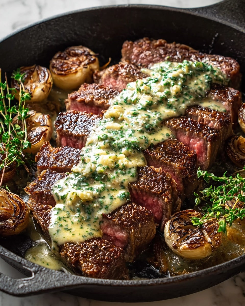 A cast iron pan holds a thick steak cut into four large slices showing a pink inside and dark brown crispy crust outside. Each slice has a creamy, pale yellow sauce with green herbs spread on top. The pan has a light yellow sauce with green specks pooling around the steak. In one corner of the pan, there are two browned, small onions with some green herbs sprinkled over them. The pan is on a white marbled textured surface. photo taken with an iphone --ar 4:5 --v 7