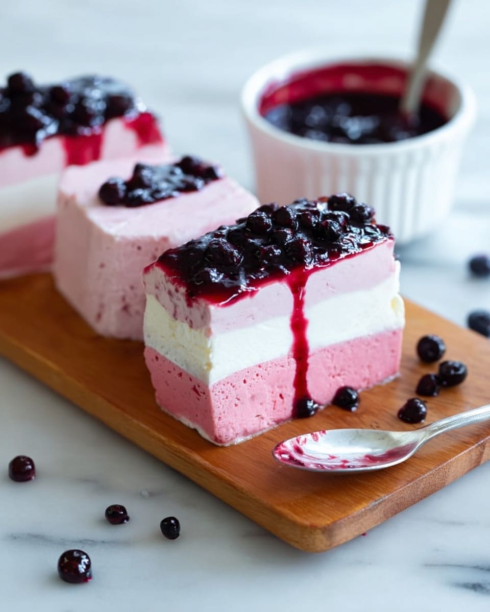 The image shows slices of a layered ice cream dessert placed on a wooden board over a white marbled surface. Each slice has three visible layers: a bottom light pink layer, a middle white layer, and a top light pink layer. On the very top, there is a drizzle of dark red berry syrup with whole small dark berries scattered over it. To the side, there is a white ramekin filled with the same dark berry sauce and a spoon inside. Photo taken with an iphone --ar 4:5 --v 7