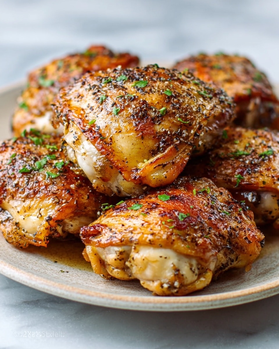 The image shows a round white plate with five pieces of roasted chicken thighs stacked closely, each one crispy and golden brown with visible herbs and black pepper sprinkled on top. The juicy texture of the chicken skin shines under soft light, and tiny green parsley bits are scattered over the top layer for color. The plate is set on a white marbled surface that softly contrasts with the warm tones of the chicken. photo taken with an iphone --ar 4:5 --v 7
