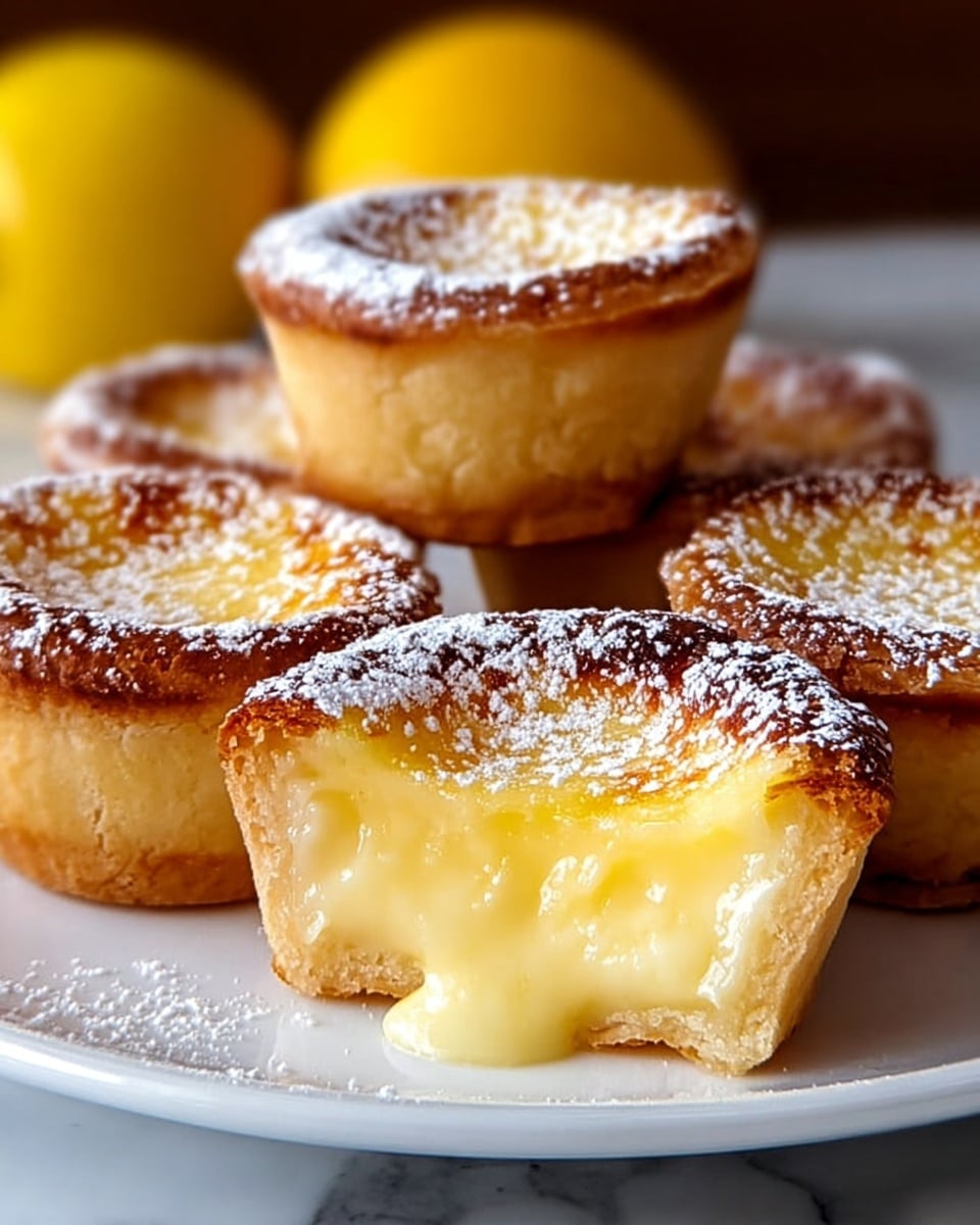 The image shows multiple small tartlets arranged closely together on a dark wooden tray with a slightly blurred background. Each tartlet has three clear layers with the base being a textured, soft yellow sponge cake with vertical ridges on the sides. The middle layer is a rich, glossy, smooth custard with a vibrant yellow color that fills the tart shell evenly. The top of each tartlet is lightly dusted with fine white powdered sugar, adding a soft texture contrast and a delicate finish. The tart edges are browned and slightly crispy, framing the smooth custard center perfectly. The overall arrangement is neat and inviting, captured with a shallow depth of field. photo taken with an iphone --ar 4:5 --v 7