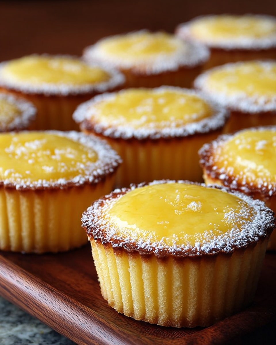 The image shows several small custard tarts on a white plate, with one tart cut open in front to reveal the creamy yellow filling inside. Each tart has a thick golden-brown top layer dusted with white powdered sugar, a soft, light-colored crust underneath that holds the smooth, glossy custard filling, and a thin base crust at the bottom. The tarts have a slightly rough texture on their tops and a smooth, shiny look on the custard inside. In the background, there are a few whole lemons slightly blurred, placed on a white marbled surface, adding a pop of bright yellow color. The lighting emphasizes the creamy texture and warm tones of the tarts. Photo taken with an iphone --ar 4:5 --v 7