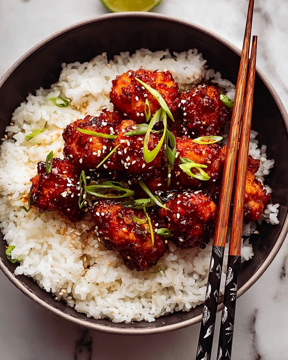 The image shows a white bowl filled with crispy, reddish-brown fried chicken pieces covered in a sticky sauce with sesame seeds sprinkled on top. The chicken looks crunchy with a rough texture and has a shiny glaze from the sauce. A pair of metal chopsticks held by a woman's hand is lifting one piece of chicken that is tender and juicy inside. The bowl sits on a white marbled surface, and the overall look is warm and appetizing. photo taken with an iphone --ar 4:5 --v 7