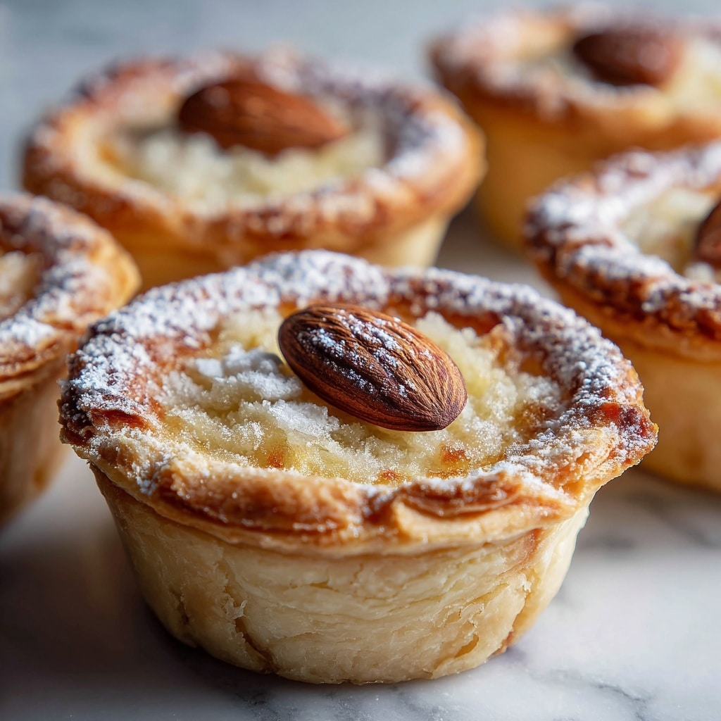 This image shows a close-up of several small muffins arranged closely together on a white marbled surface. Each muffin has a golden-brown baked top with a rough, crumbly texture and is sprinkled with white powdered sugar. Thin, light beige almond slices rest on top of the muffins, adding a slightly shiny, smooth contrast to the crumbly texture beneath. The muffins have a warm, inviting color with some slightly darker edges, showing they are well baked. The focus is on the center muffin, with others softly blurred around it. Photo taken with an iphone --ar 4:5 --v 7