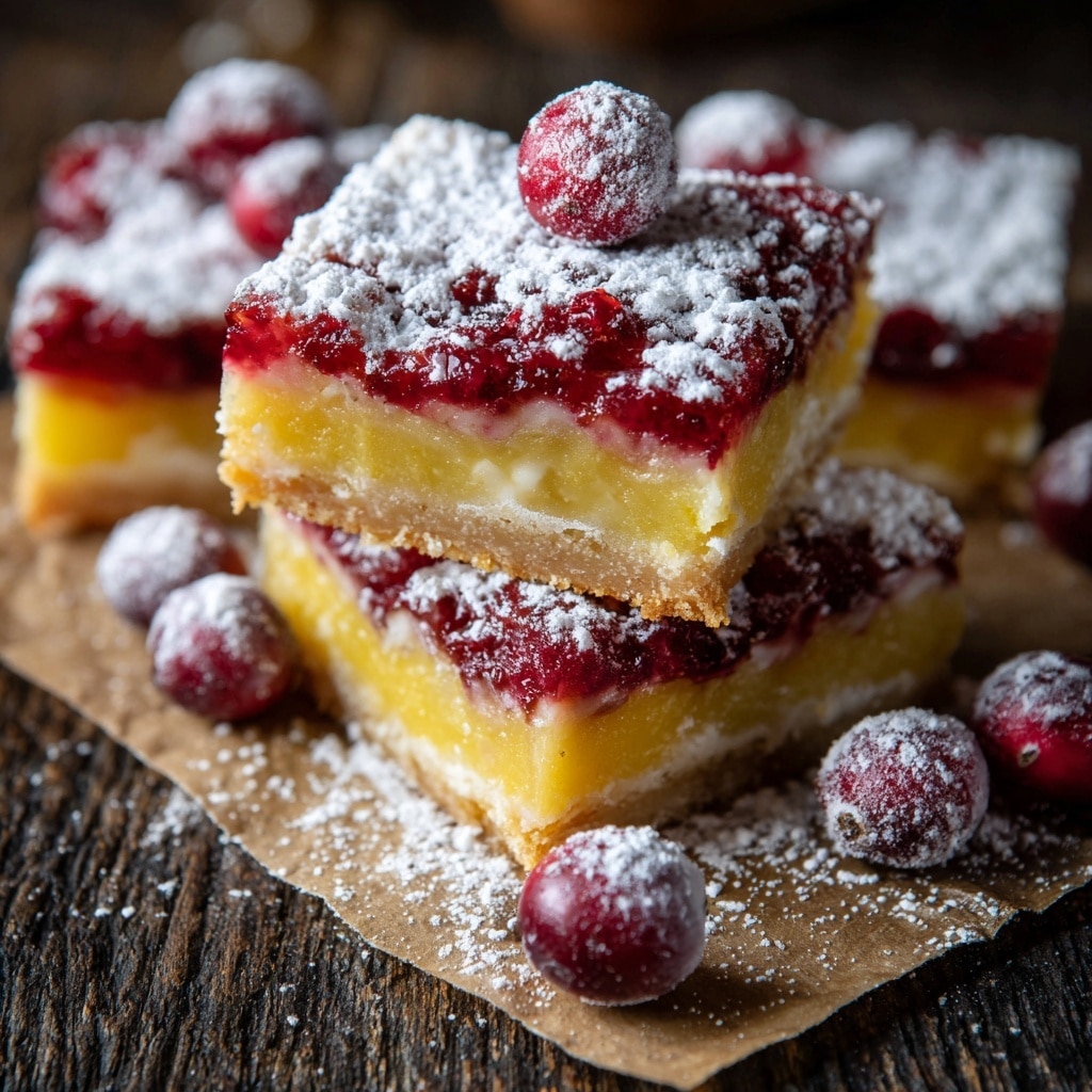 The image shows a stack of three square lemon bars with three clear layers: a golden-brown crust at the bottom, a thick yellow lemon filling in the middle, and a bright red cranberry topping with whole cranberries embedded on top. The bars are dusted with a fine layer of white powdered sugar. Around the stack, there are whole cranberries also dusted lightly with powdered sugar, placed on a rustic dark wooden surface with a piece of brown parchment paper under the bars. In the background, there are blurred bright yellow whole and halved lemons. The overall setting is on a white marbled texture. photo taken with an iphone --ar 4:5 --v 7