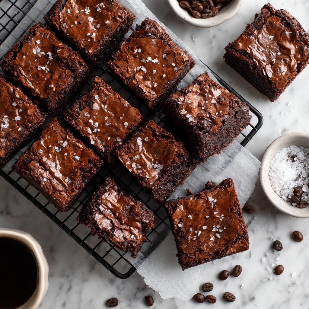 A close-up of three thick, rich chocolate brownies stacked on top of each other on parchment paper over a rough wooden surface, with two whole coffee beans nearby. Each brownie has a dark brown, slightly crumbly exterior with a shiny and crackled thin top crust, while the inside is moist and dense, filled with visible melty chocolate chunks that add texture. In the background, more brownies are softly blurred, and a white marbled texture is faintly visible. photo taken with an iphone --ar 4:5 --v 7