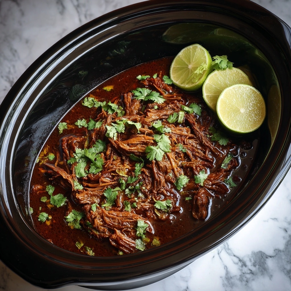 A black slow cooker filled with shredded beef soaked in a rich, deep red sauce layered with small green cilantro leaves scattered on top; two lime slices rest on the white marbled surface nearby, adding a fresh touch to the scene. photo taken with an iphone --ar 4:5 --v 7
