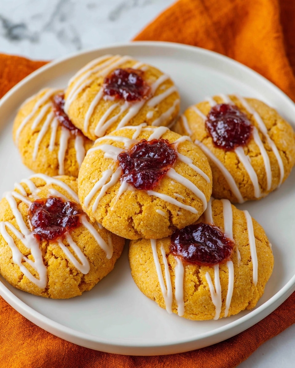 Eight round cookies with a smooth, light brown base sit evenly spaced on beige parchment paper covering a baking tray. Each cookie has a small, shallow center filled with a glossy, deep red jam that has a slightly uneven texture, giving a fresh look. The surface under the tray is a white marbled texture, adding a clean and bright background to the scene. photo taken with an iphone --ar 4:5 --v 7