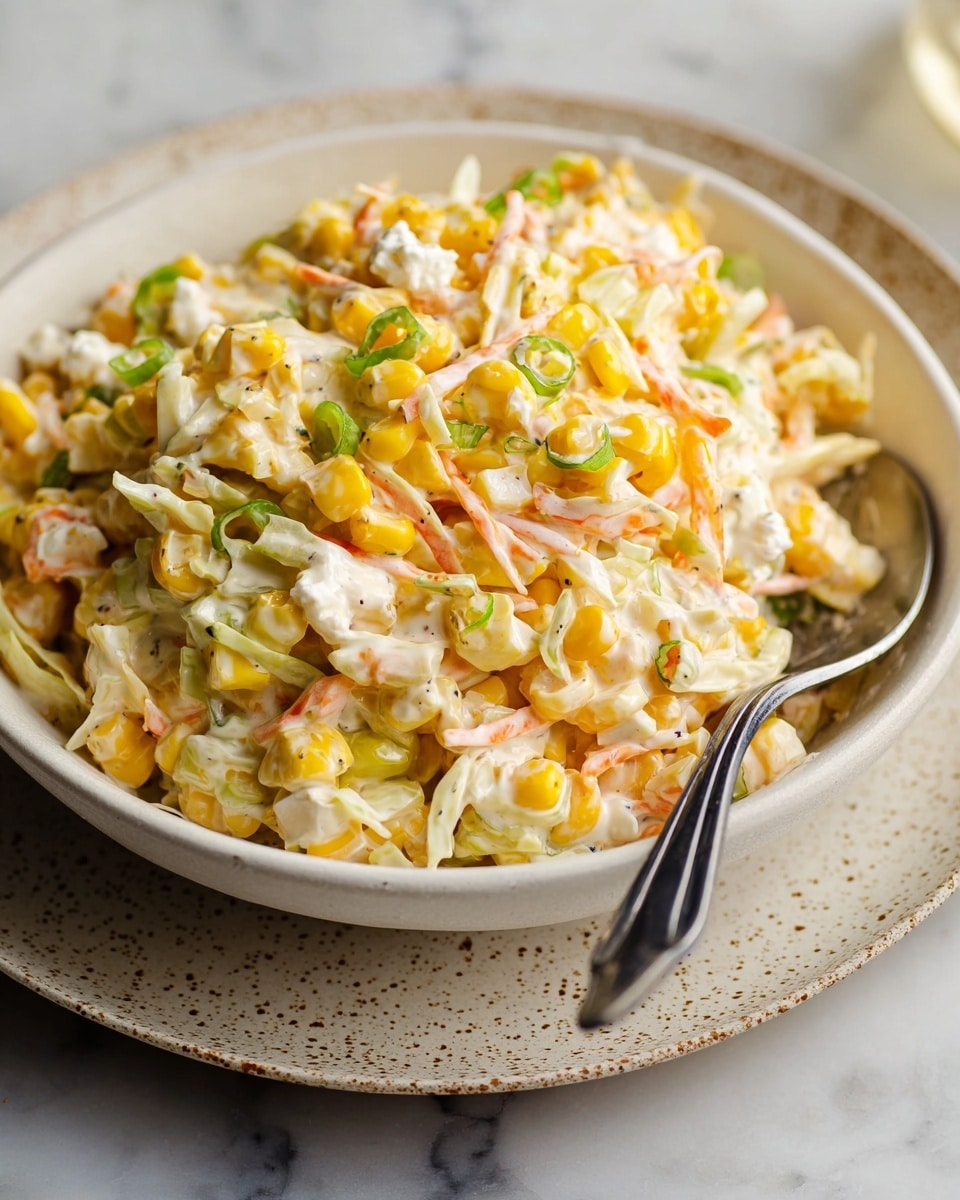 The image shows a clear glass bowl filled with layers of salad ingredients on a white marbled surface. At the bottom left layer, there are bright green chopped leafy vegetables with a rough texture. Next to them on the right, finely chopped green onions and herbs add a mix of dark and lighter green hues. On the far right, there is a pile of pale yellow corn kernels with a smooth, glossy texture. A creamy dressing, pale beige with visible black specks, is being poured over the salad from a glass measuring cup held slightly above the bowl. The dressing flows in a thick stream, partially covering the ingredients below. A blue and white checkered cloth and a wooden spoon are seen in the background. photo taken with an iphone --ar 4:5 --v 7