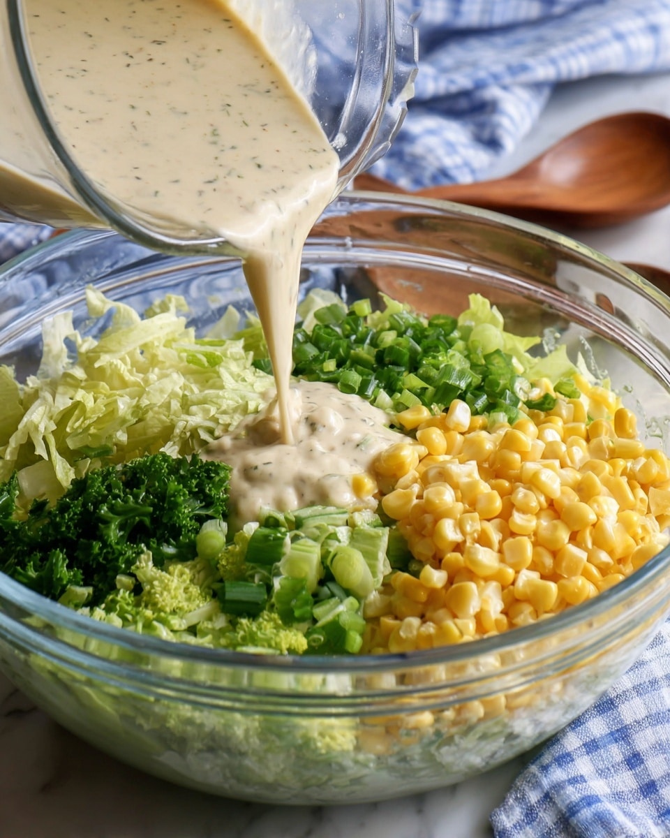 A close-up view of a creamy corn salad served in a shallow white bowl. The salad has several mixed layers featuring bright yellow corn kernels, thin strips of white cabbage, and small bits of orange carrot intertwined evenly. Icy white crumbled cheese pieces and sprinkled green onion slices add texture and color contrast. The creamy dressing coats all ingredients, giving a smooth, shiny texture. A silver spoon is partially buried in the salad, resting toward the right side of the bowl. The bowl sits on a speckled white plate, all placed on a white marbled surface. Photo taken with an iphone --ar 4:5 --v 7