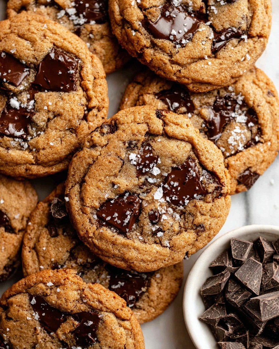 A close-up view of several soft chocolate chip cookies stacked and overlapping each other on a white marbled surface, each cookie showing a golden-brown, slightly cracked texture with large, glossy dark chocolate chunks embedded generously throughout; some cookies are sprinkled with coarse sea salt crystals, enhancing their rich look; on the right side, a white bowl filled with extra chunks of dark chocolate is partially visible, adding contrast to the warm tones of the cookies. photo taken with an iphone --ar 4:5 --v 7