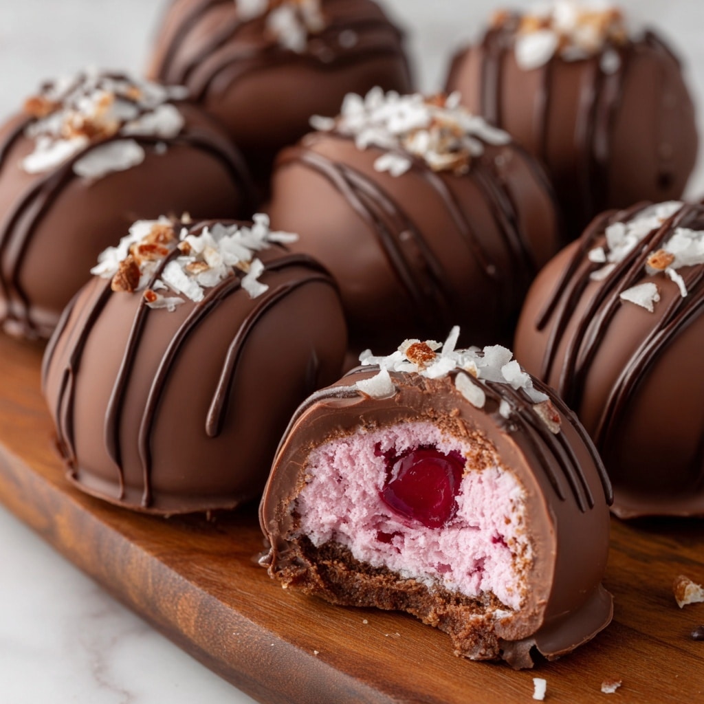 A close-up view of round chocolate-covered treats on a wooden surface with a white marbled background, each coated with smooth, shiny milk chocolate and decorated with thin chocolate drizzle lines on top. Some pieces have small bits of white coconut flakes and light brown nuts sprinkled over them. One treat is split open, showing three visible layers inside: a creamy pink layer with a textured, soft look on the outside, a bright red cherry center with a juicy, smooth texture in the middle, and a smooth chocolate coating on the outside. The scene is bright and clear, highlighting the rich colors and textures of the treats. Photo taken with an iphone --ar 4:5 --v 7