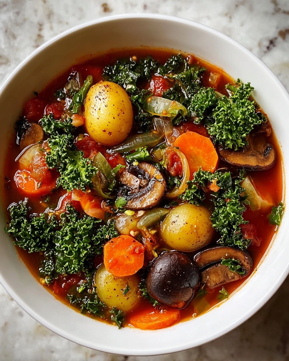 The image shows a white bowl filled with vegetable soup placed on a white marbled surface. The soup has a red broth base with several layers of colorful vegetables. There are whole baby potatoes, orange carrot slices, dark brown sliced mushrooms, green celery sticks, pieces of green kale or curly parsley, and translucent cooked onion slices. The vegetables are scattered throughout the soup, creating a textured mix with a fresh, natural look. The bright orange and green colors contrast with the deep red broth, making the soup look hearty and vibrant. photo taken with an iphone --ar 4:5 --v 7