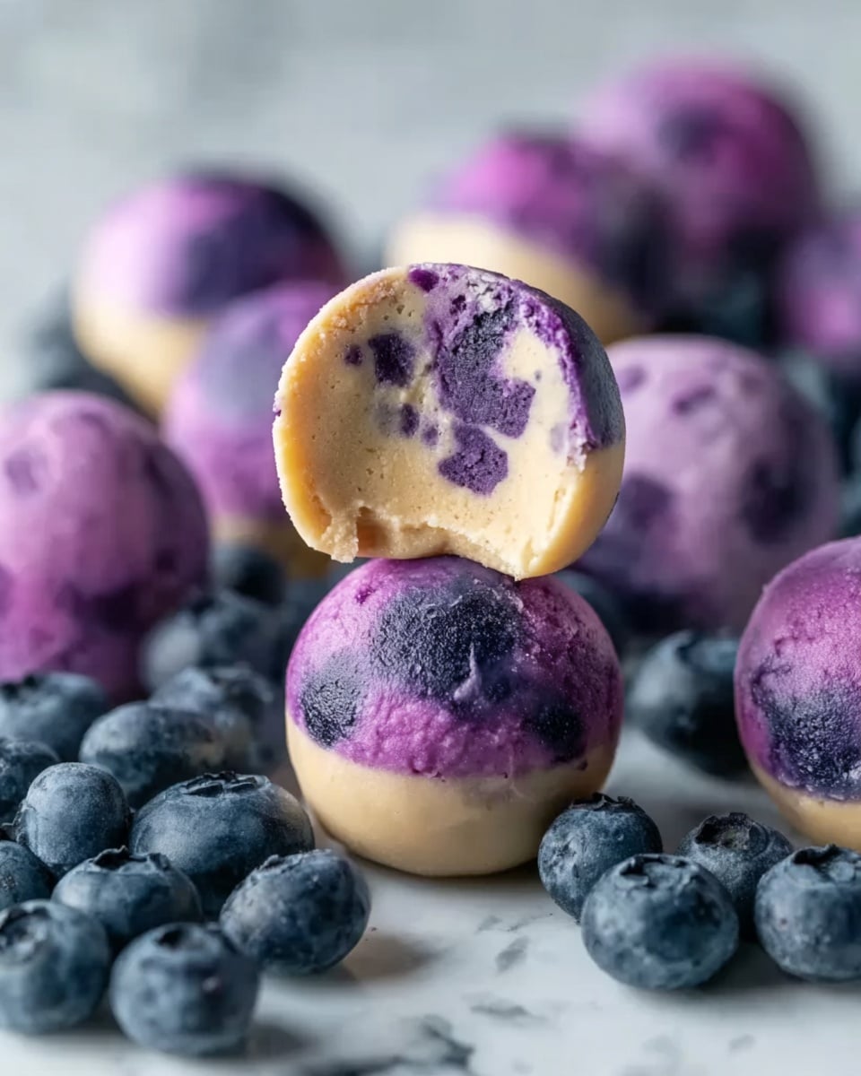 The image shows round dessert balls with a marbled purple and beige color, indicating blueberry and creamy dough layers mixed together. There is one ball cut in half sitting on top, revealing a soft beige inside with deeply purple blueberry patches nestled within. The balls have a smooth, slightly glossy texture. Around the base, fresh blueberries are scattered, adding a natural touch. The background is blurred but filled with more of these purple and beige dessert balls set against a white marbled surface, creating a clean, appealing look. photo taken with an iphone --ar 4:5 --v 7