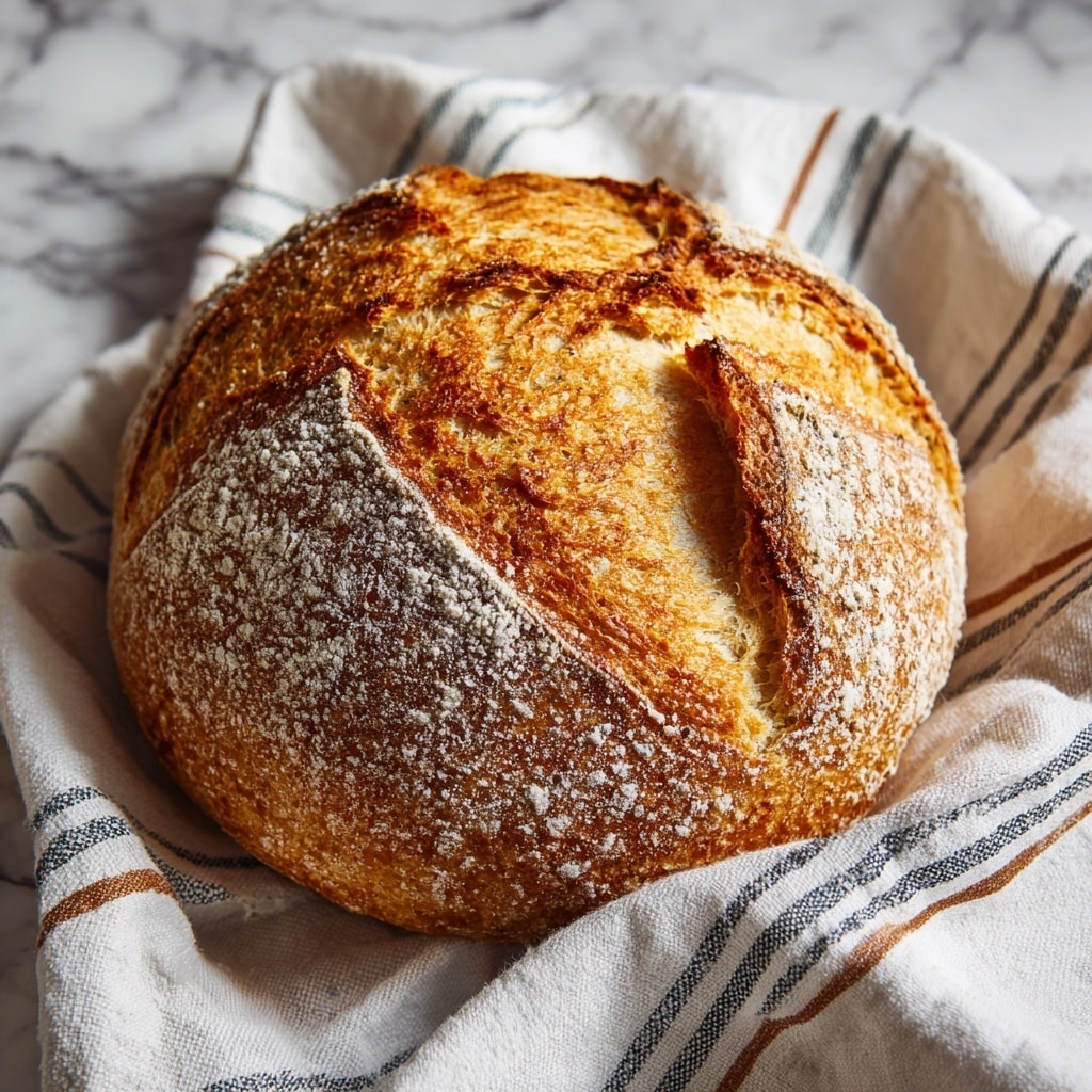 A round loaf of crusty bread with a golden-brown top and a light dusting of white flour, showing a deep cross-shaped cut in the center revealing a rough, textured crust beneath. The loaf sits wrapped in a white cloth with blue and brown stripes, softly folded around the bread. The background features a white marbled texture surface, enhancing the warm tones of the bread and cloth. photo taken with an iphone --ar 4:5 --v 7