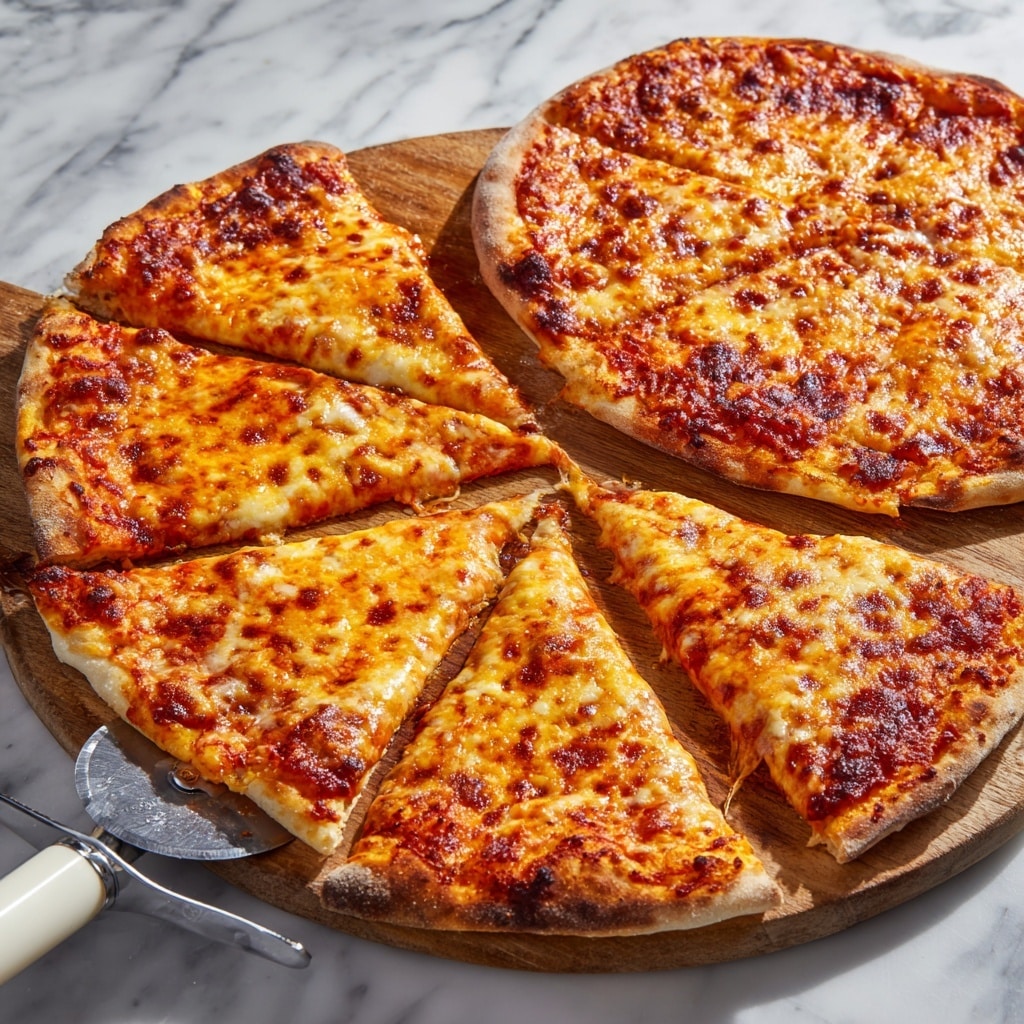 The image shows two cheese pizzas cut into slices, placed on a wooden board over a white marbled surface. The pizza in the foreground has five slices with a slightly burnt, dark brown crust edge, a thin layer of light orange cheese melted unevenly over a red tomato sauce base. The pizza in the background has six slices with a thicker crust, golden-brown edges, and an even layer of bubbly cheese melted over tomato sauce. Both pizzas have a glossy, oily surface reflecting the light. The bottom left corner shows a pizza cutter with a white handle and silver blade about to cut the front pizza. Photo taken with an iphone --ar 4:5 --v 7