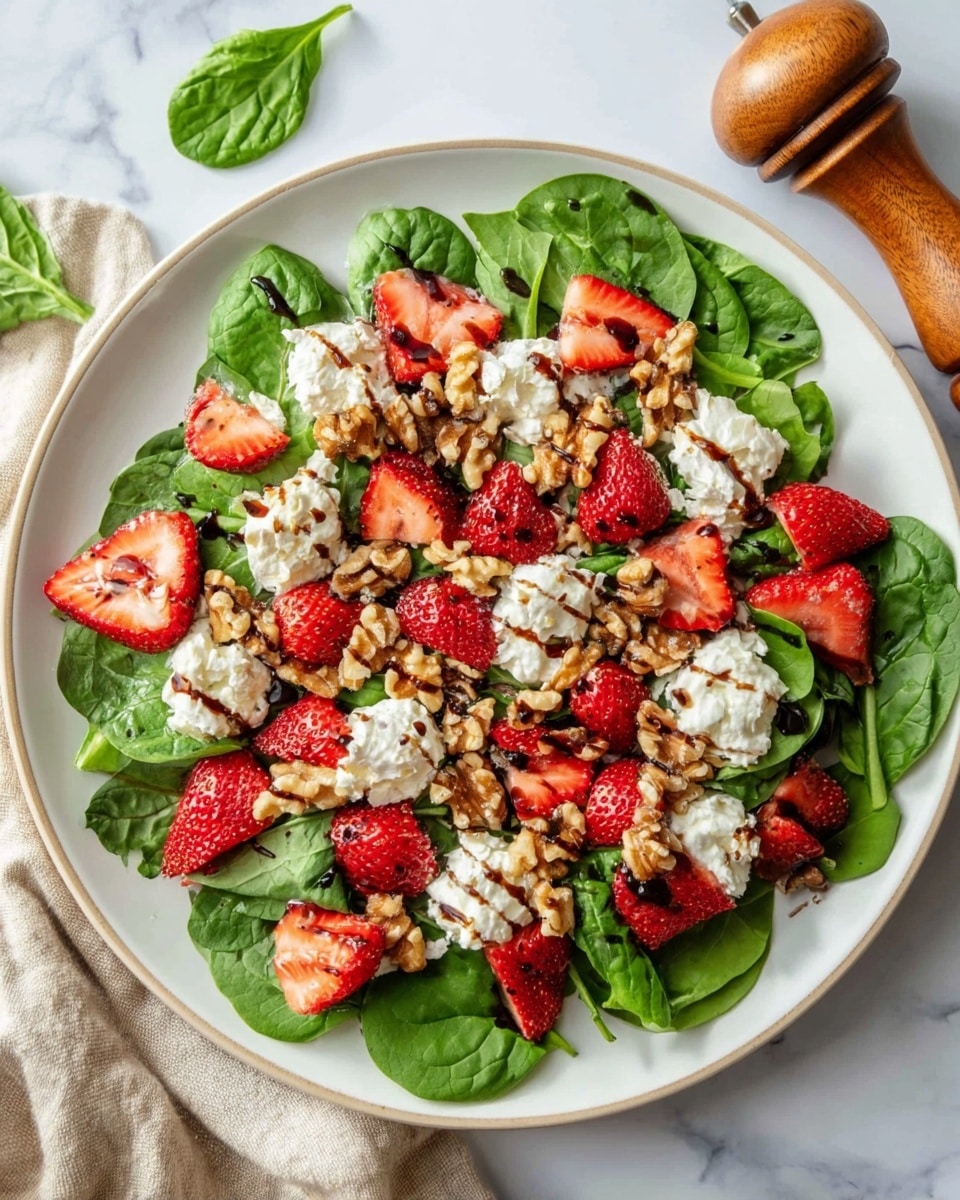 A fresh spinach salad is shown in a round wooden bowl, with a mix of deep green spinach leaves forming the first layer. On top, bright red strawberry slices are scattered evenly, adding vibrant color. Small pieces of light brown pecans are sprinkled across the salad, providing a crunchy texture. Tiny white crumbles of feta cheese are spread throughout, contrasting with the greens and reds. Thin, pale purple slices of red onion are mixed in lightly, giving a subtle touch of color and texture. The salad looks fresh and lightly dressed, all against a white marbled surface. Photo taken with an iphone --ar 4:5 --v 7