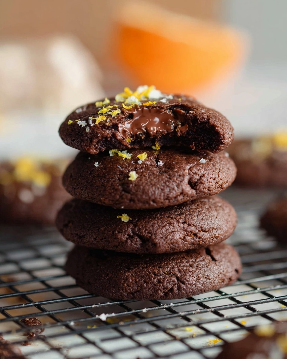 A stack of four thick, soft-looking chocolate cookies with a dark brown color sits on a black wire rack over a white marbled surface. The top cookie has a single bite taken out of it, showing a moist and slightly gooey chocolate inside with visible melted chocolate chips. Small yellow and white crumbs or zest pieces are scattered on top of the cookie stack and a partially visible cookie in the foreground, adding a touch of color. The background is softly blurred with hints of orange and white shapes, focusing all attention on the rich texture and layers of the cookies. photo taken with an iphone --ar 4:5 --v 7