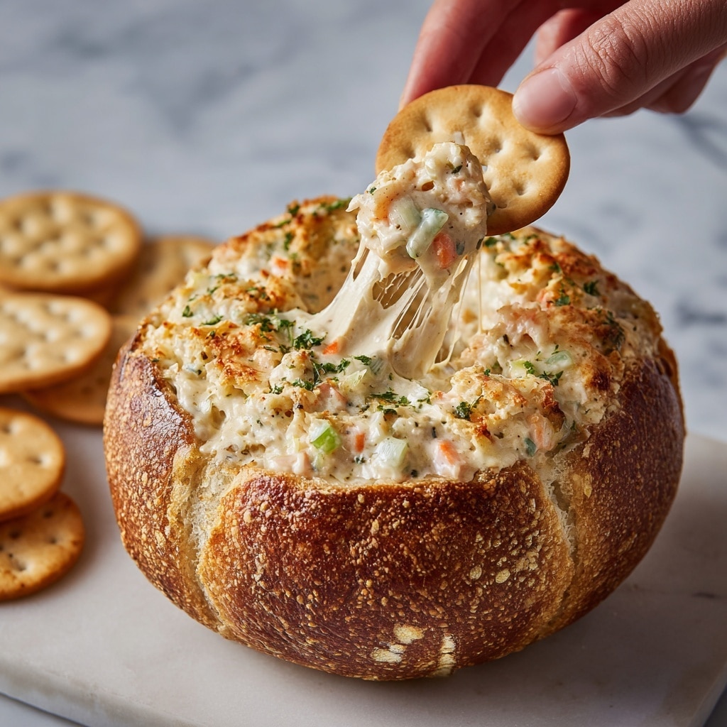 A close-up of a round, golden-brown bread bowl filled with a creamy white dip that has visible small pieces of red bell pepper and green herbs mixed in. A woman's hand is holding a light tan round cracker topped with the creamy dip, showing the thick and textured layer of the dip. The bread bowl has a crispy crust with a soft, slightly toasted interior. The background is a white marbled texture. photo taken with an iphone --ar 4:5 --v 7
