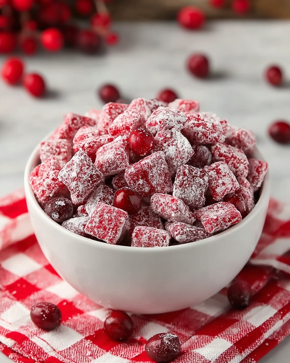 A clear glass bowl shows four layers of ingredients side by side: off-white cream cheese cubes on the left, light brown square cereal pieces with small holes on the right, and a mound of white powdered sugar in the center back. Surrounding this main bowl, there are four smaller clear bowls in the background, each containing different ingredients—bright red whole cherries, shiny dark red cooked cherries, white cream cheese chunks, and white powdered sugar. All bowls sit on a white marbled surface. photo taken with an iphone --ar 4:5 --v 7