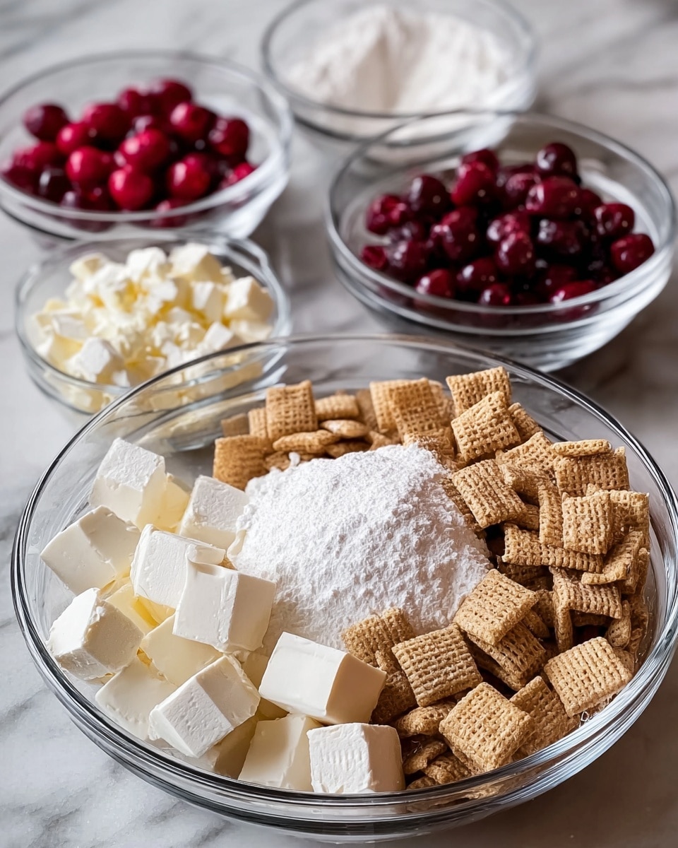 A white bowl filled to the top with small, square-shaped snack pieces that are bright red and coated in a light layer of white powder, creating a frosted look. Mixed within the squares are some whole, shiny red cranberries, adding texture and color contrast. The bowl rests on a red and white checkered cloth, placed on a white marbled surface, with some blurred red berries in the background. The overall colors are vibrant with red and white tones. photo taken with an iphone --ar 4:5 --v 7
