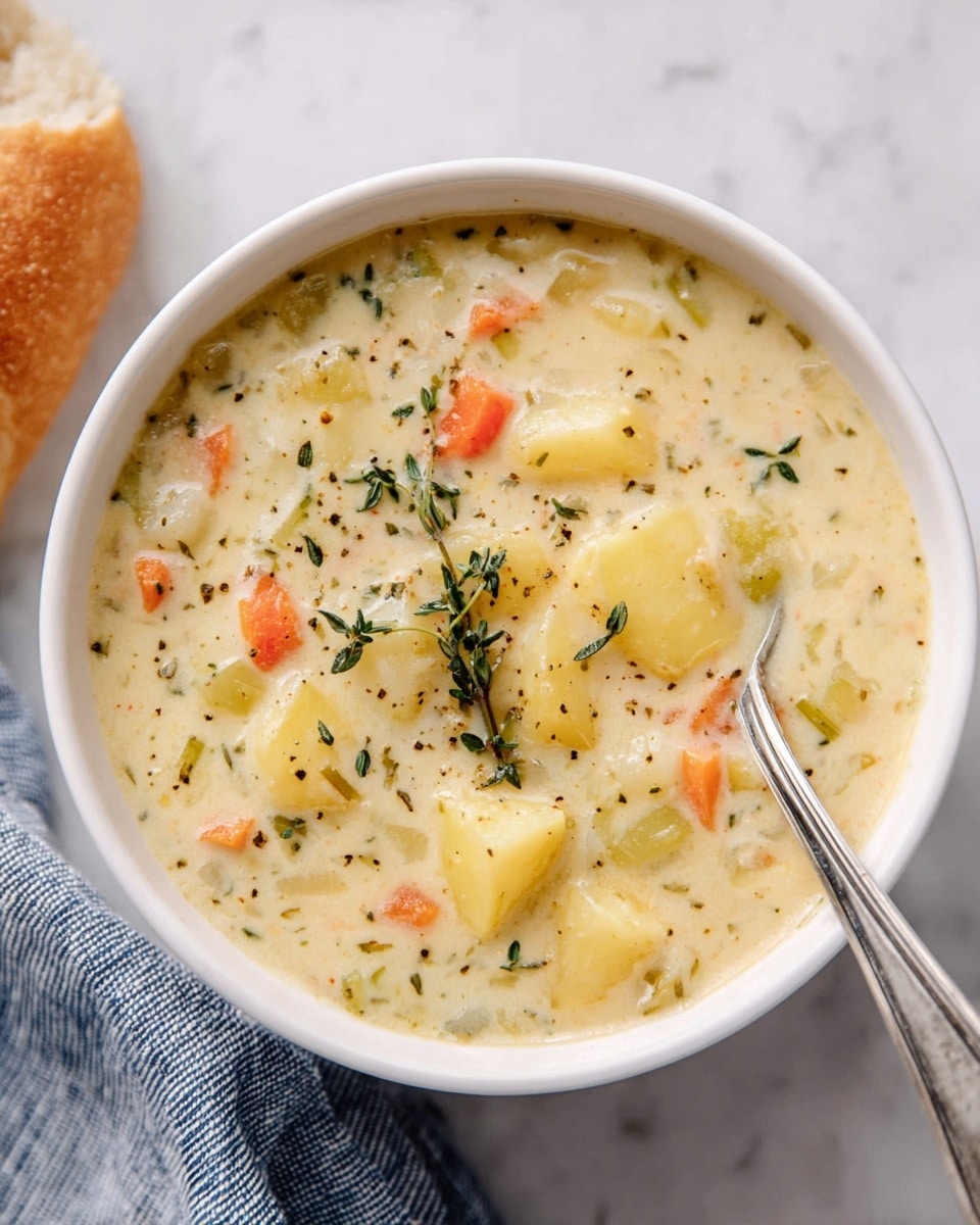 A round black pot with red handles holds a creamy soup filled with soft cauliflower pieces, light green celery chunks, and small orange carrot bits; the soup has a smooth, pale yellow base with a slightly thick texture. A wooden ladle with a round scoop rests inside the pot, partly submerged, holding a visible piece of cauliflower and bits of celery and carrot. The pot sits on a blue cloth on a dark wooden surface. photo taken with an iphone --ar 4:5 --v 7
