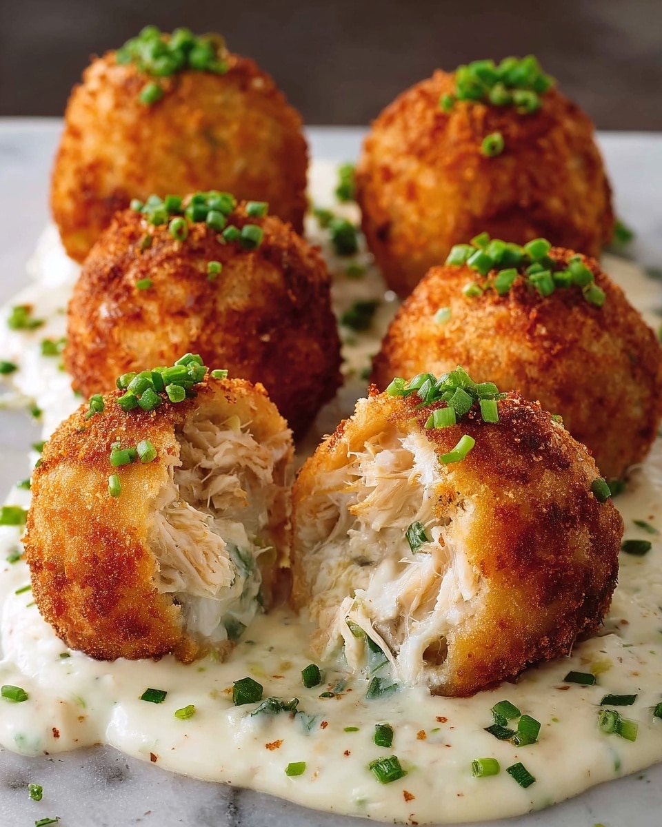 Three round fried balls with a golden, crispy outside sit on a white plate on a white marbled surface. The balls are topped and surrounded by small green chopped herbs. The center ball is broken open showing a creamy white filling with small pieces of red and green, soft and mixed inside. The plate is set on a wooden board with a blurred background that includes stacked white plates and a glass of light-colored drink. photo taken with an iphone --ar 4:5 --v 7